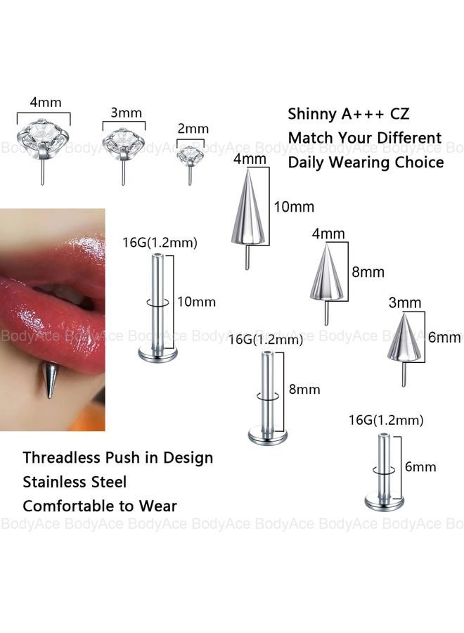 BodyAce Threadless Spike Flact Back Earrings Cartilage Lip Rings, 16G Stainless Steel Daith Helix Tragus Studs, Push in Rook Lobe Lip Piercing for Women Men (Bar Length:8mm) - Image 2