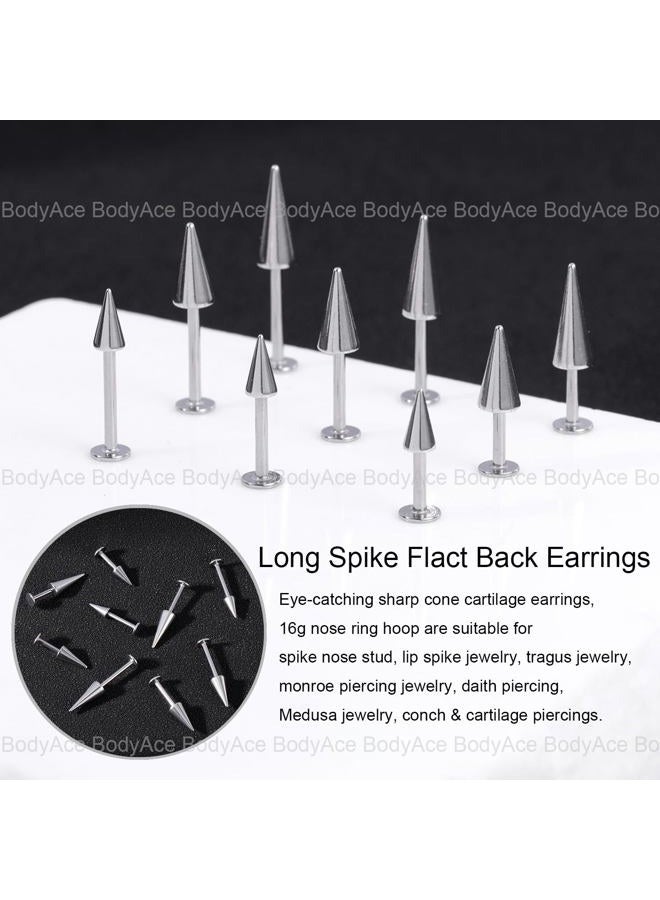 BodyAce Threadless Spike Flact Back Earrings Cartilage Lip Rings, 16G Stainless Steel Daith Helix Tragus Studs, Push in Rook Lobe Lip Piercing for Women Men (Bar Length:8mm) - Image 4