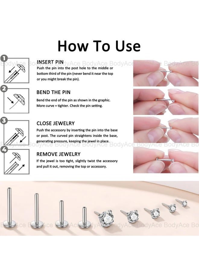 BodyAce Threadless Spike Flact Back Earrings Cartilage Lip Rings, 16G Stainless Steel Daith Helix Tragus Studs, Push in Rook Lobe Lip Piercing for Women Men (Bar Length:8mm) - Image 3