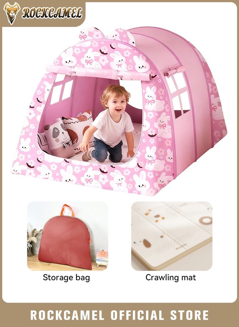 ROCKCAMEL خيمة لعب للأطفال - خيمة كبيرة داخلية وخارجية مع ناموسية وسجادة لعب، تصميم منبثق بمساحة كبيرة، بيت لعب قابل للطي للأطفال، سهل التركيب والتخزين (تصميم أرنب، 132 × 102 × 82 سم) - Image 1