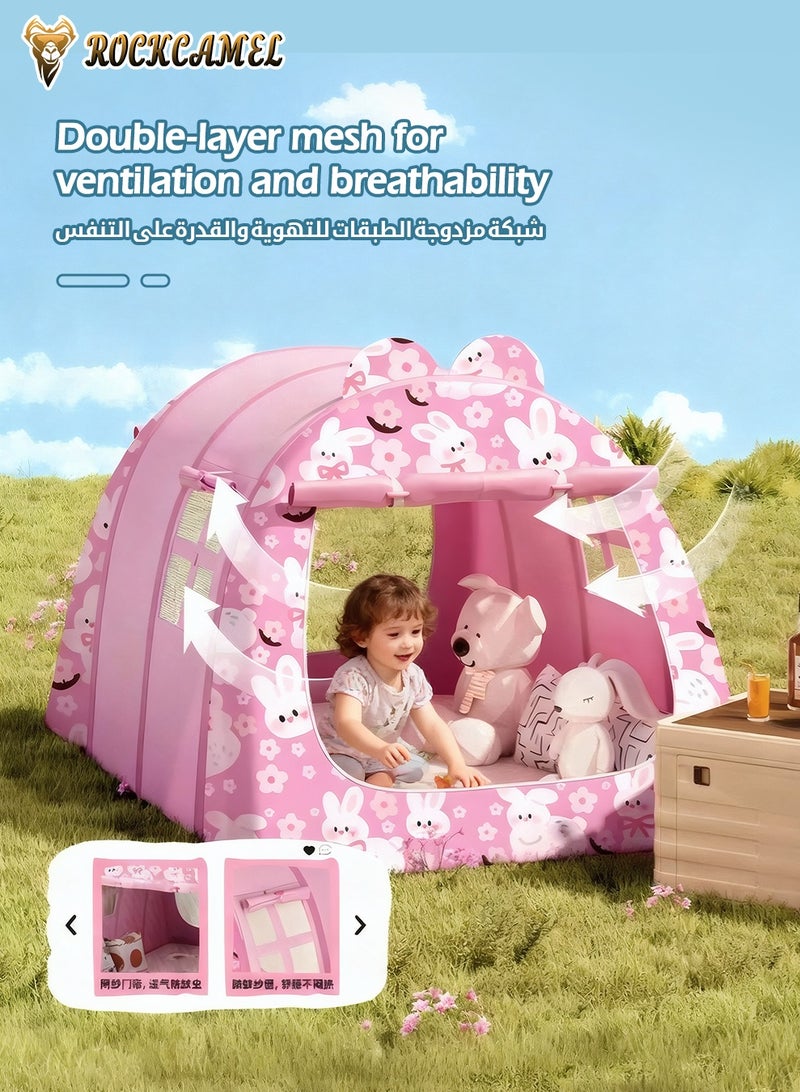 ROCKCAMEL خيمة لعب للأطفال - خيمة كبيرة داخلية وخارجية مع ناموسية وسجادة لعب، تصميم منبثق بمساحة كبيرة، بيت لعب قابل للطي للأطفال، سهل التركيب والتخزين (تصميم أرنب، 132 × 102 × 82 سم) - Image 2