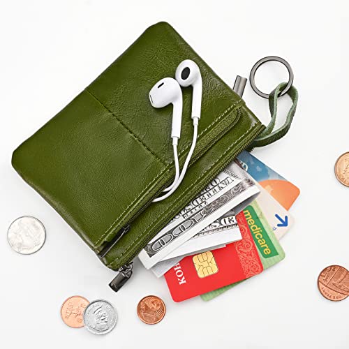 Lidwot Army Green Genuine Leather Wallet,Mini Zip Change Purse Women,Key Wallet,Coin Purse Women,Small Wallet Coin Pouch,Leather Coin Pouch with KeyChain 3 Zippers.1 Piece - Image 5