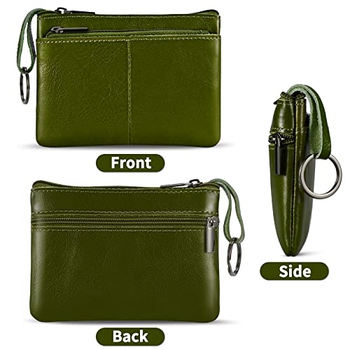 Lidwot Army Green Genuine Leather Wallet,Mini Zip Change Purse Women,Key Wallet,Coin Purse Women,Small Wallet Coin Pouch,Leather Coin Pouch with KeyChain 3 Zippers.1 Piece - Image 2