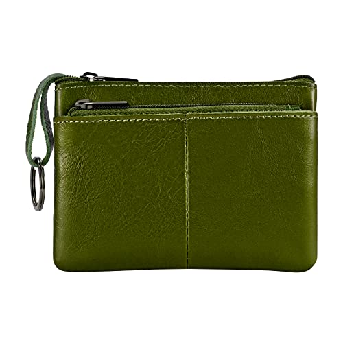 Lidwot Army Green Genuine Leather Wallet,Mini Zip Change Purse Women,Key Wallet,Coin Purse Women,Small Wallet Coin Pouch,Leather Coin Pouch with KeyChain 3 Zippers.1 Piece - Image 1