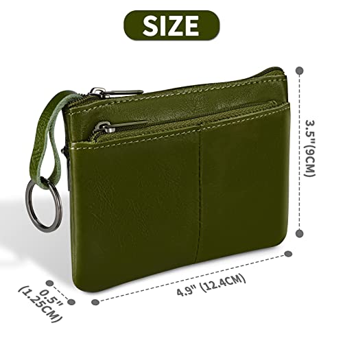 Lidwot Army Green Genuine Leather Wallet,Mini Zip Change Purse Women,Key Wallet,Coin Purse Women,Small Wallet Coin Pouch,Leather Coin Pouch with KeyChain 3 Zippers.1 Piece - Image 3