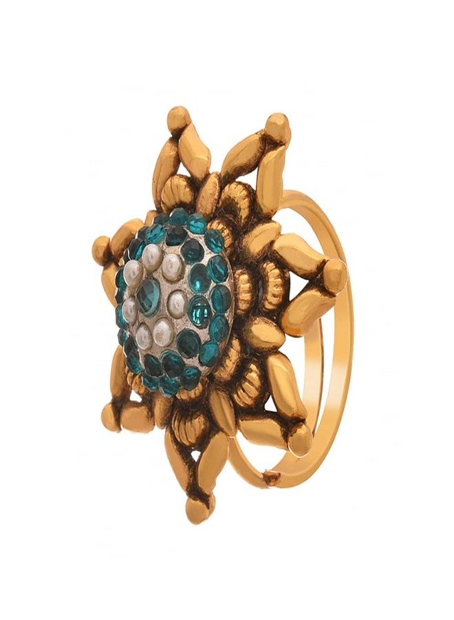 JFL - Jewellery for Less Fashion Green Color Stone Studded Gold Plated Floral Chakra Design Adjustable Finger Ring for Women & Girls.,Valentine - Image 5
