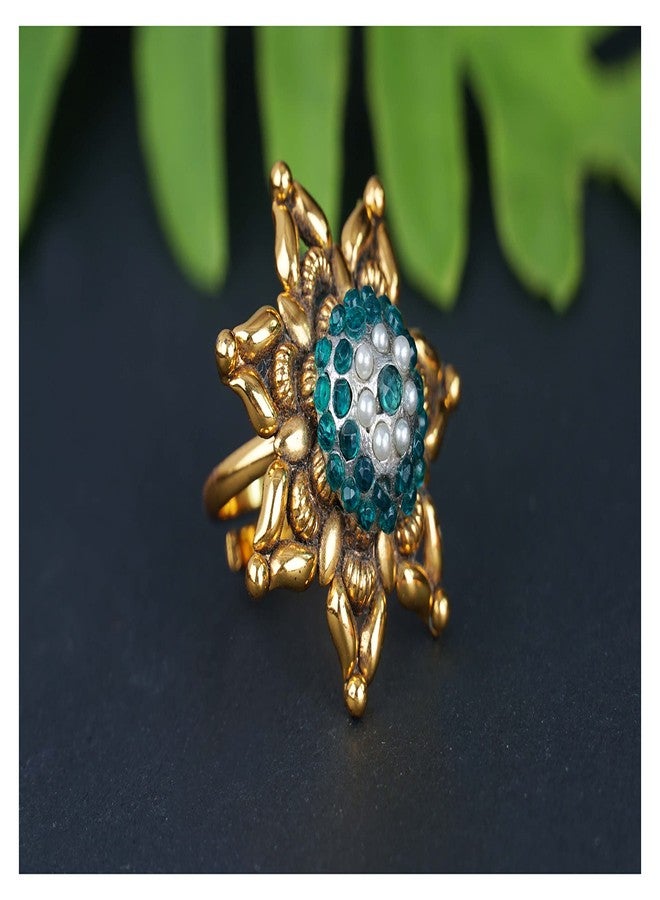 JFL - Jewellery for Less Fashion Green Color Stone Studded Gold Plated Floral Chakra Design Adjustable Finger Ring for Women & Girls.,Valentine - Image 3