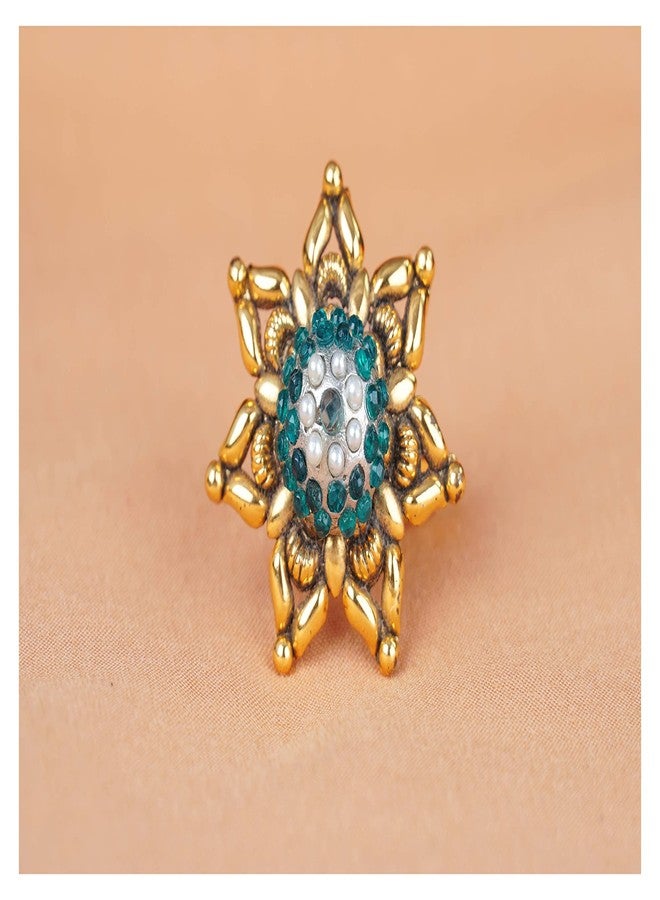 JFL - Jewellery for Less Fashion Green Color Stone Studded Gold Plated Floral Chakra Design Adjustable Finger Ring for Women & Girls.,Valentine - Image 4