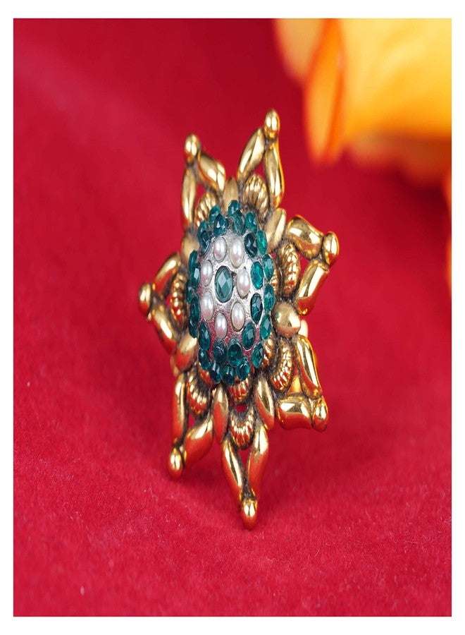 JFL - Jewellery for Less Fashion Green Color Stone Studded Gold Plated Floral Chakra Design Adjustable Finger Ring for Women & Girls.,Valentine - Image 2