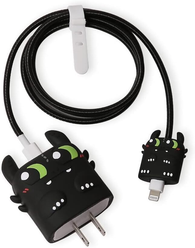 CERLINK Cable Protector for Apple iPhone Charger 20W/18W Type C, 3D Cute Cartoon Case Adaptor Cover Full Cable Connection Protectors Protective Protection Wire Sleeves Guard (Black Dragon) - Image 1