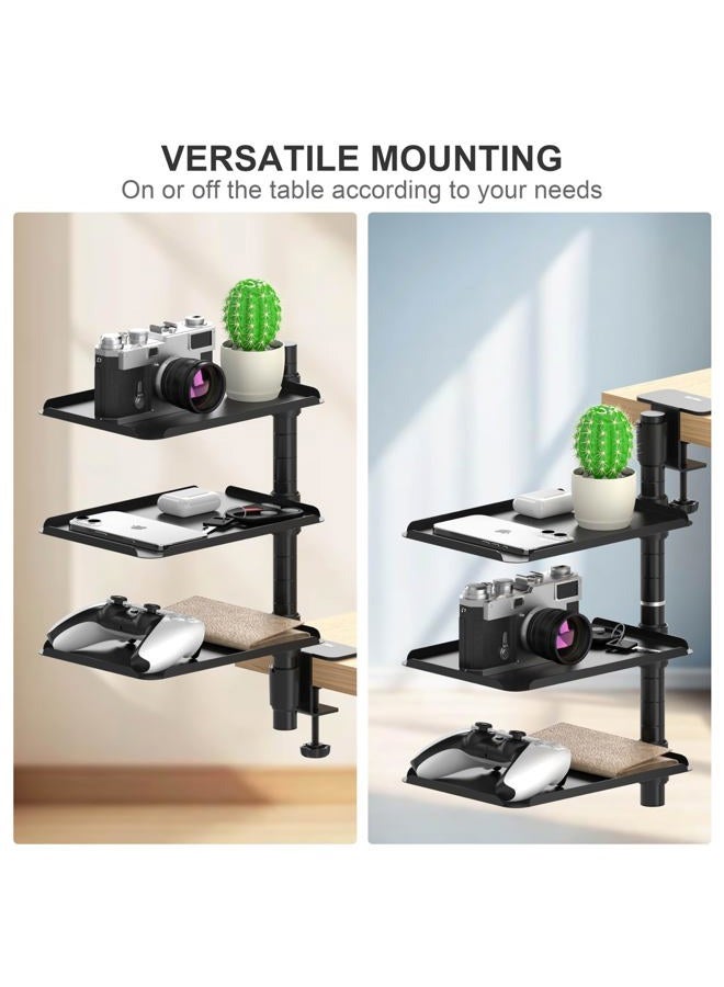POWNEW 3 Tier Metal Clamp On Desk Shelf - 360° Rotatable Above/Under Table Storage, Adjustable Desktop Organizer for Home Office & Gaming, Storage Tray for Devices & Accessories - Image 3