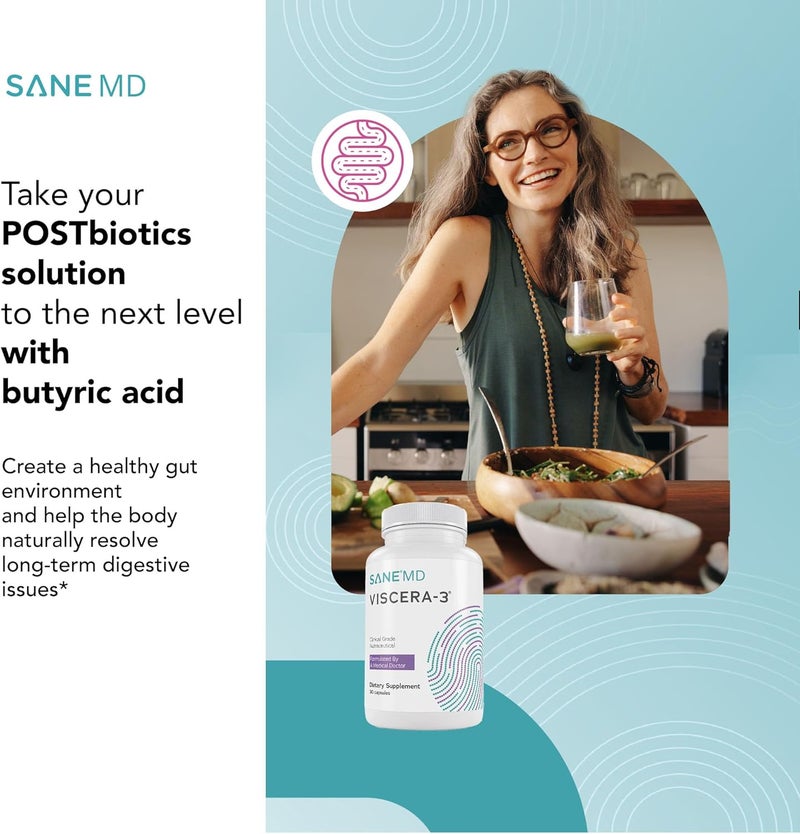 Sane مكمل SANE MD Viscera 3 Postbiotics مع Tributyrin Sodium Butyrate لتخفيف الغازات والانتفاخ وصحة الأمعاء IBS وLeaky Gut مكمل حمض الزبدة معتمد من NSF 30 كبسولة - Image 2
