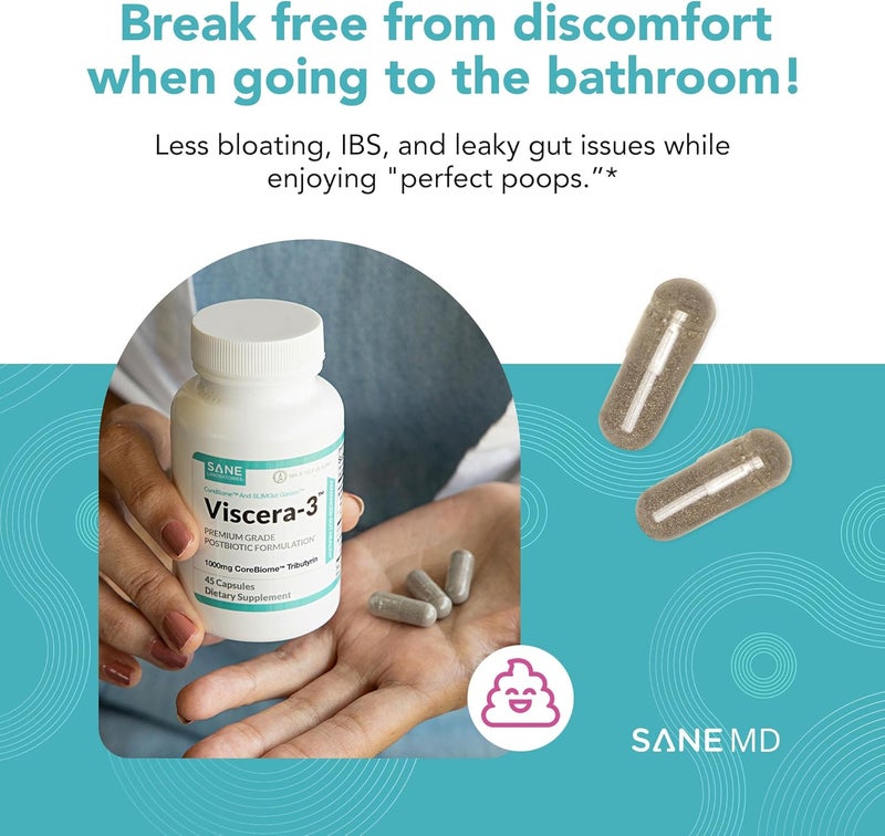 Sane مكمل SANE MD Viscera 3 Postbiotics مع Tributyrin Sodium Butyrate لتخفيف الغازات والانتفاخ وصحة الأمعاء IBS وLeaky Gut مكمل حمض الزبدة معتمد من NSF 30 كبسولة - Image 5