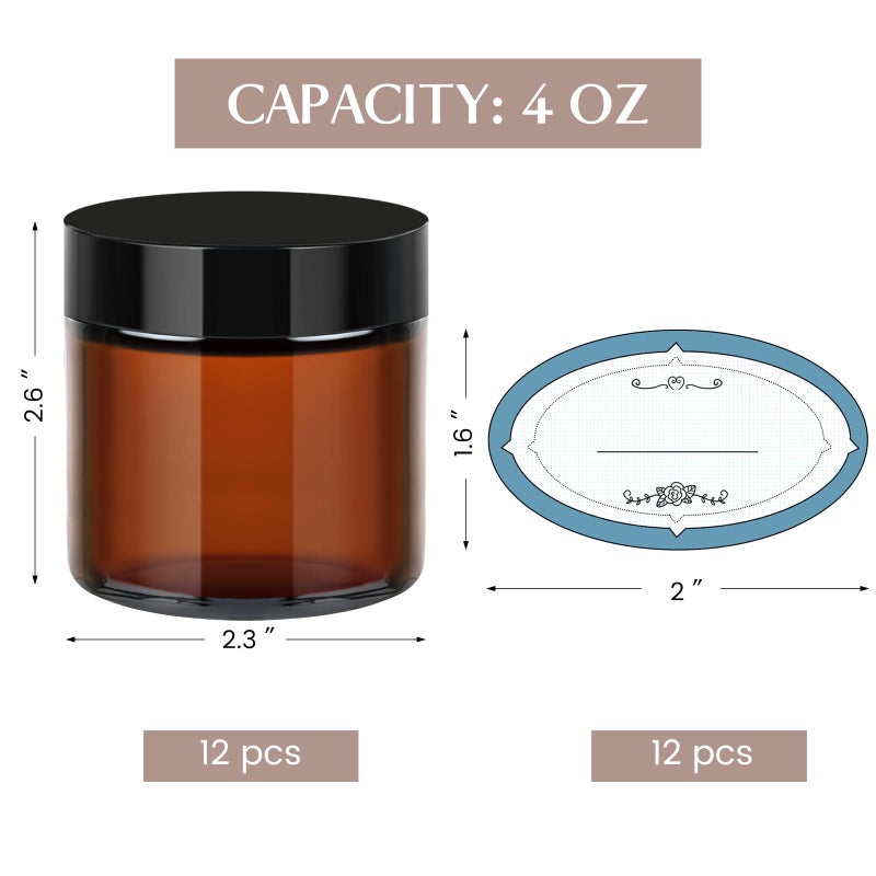 Qeirudu 4 Oz Small Amber Glass Jars with Black Lids, 12 Pack Airtight Cosmetic Jars with Inner Liners Round Empty Sample Containers for Lotions, Creams, Candles, Body Butters, Essential oil - Image 2