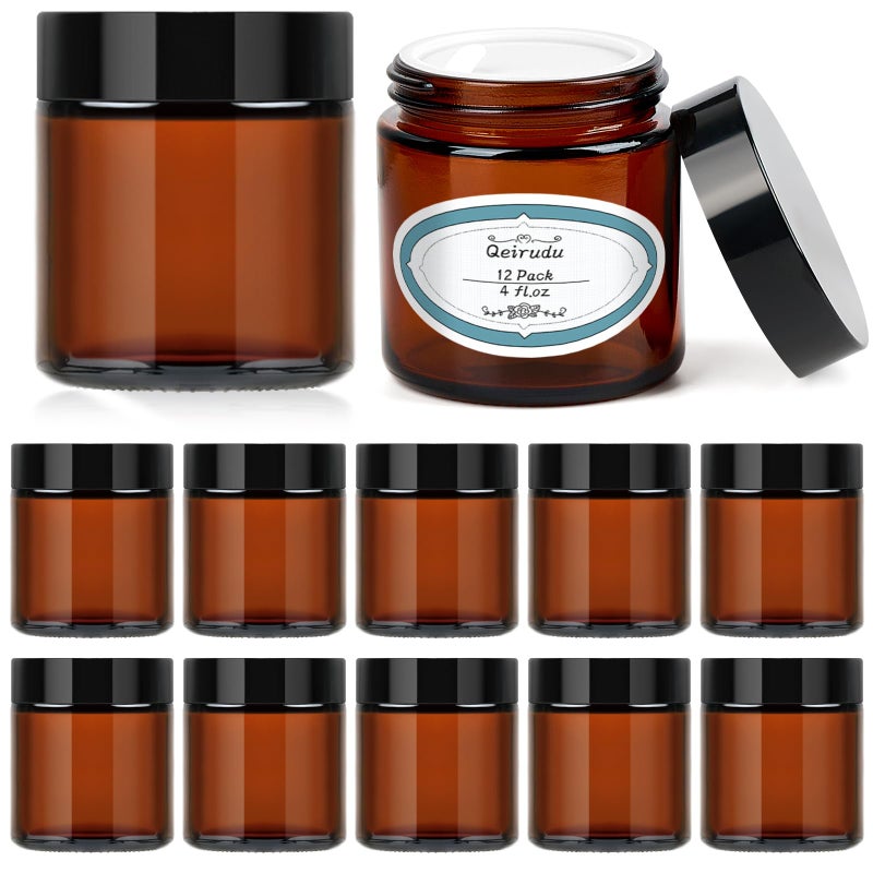 Qeirudu 4 Oz Small Amber Glass Jars with Black Lids, 12 Pack Airtight Cosmetic Jars with Inner Liners Round Empty Sample Containers for Lotions, Creams, Candles, Body Butters, Essential oil - Image 1