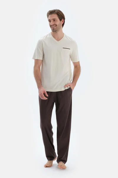 dagi T-shirt & Trousers Pajama Set V Neck Cotton Blend Mid Rise Regular/Classic Fit Sleepwear