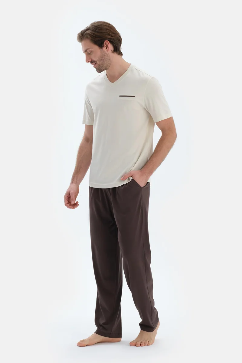 dagi T-shirt & Trousers Pajama Set V Neck Cotton Blend Mid Rise Regular/Classic Fit Sleepwear