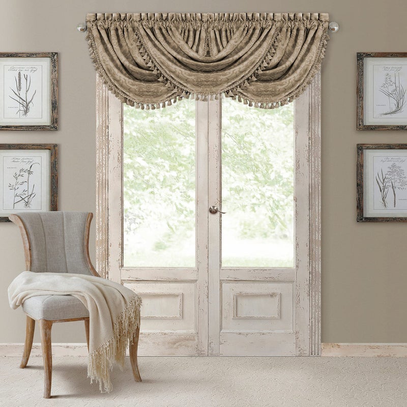 Elrene Home Fashions Antonia Floral Damask Waterfall Window Valance with Tassels 52x36 Taupe