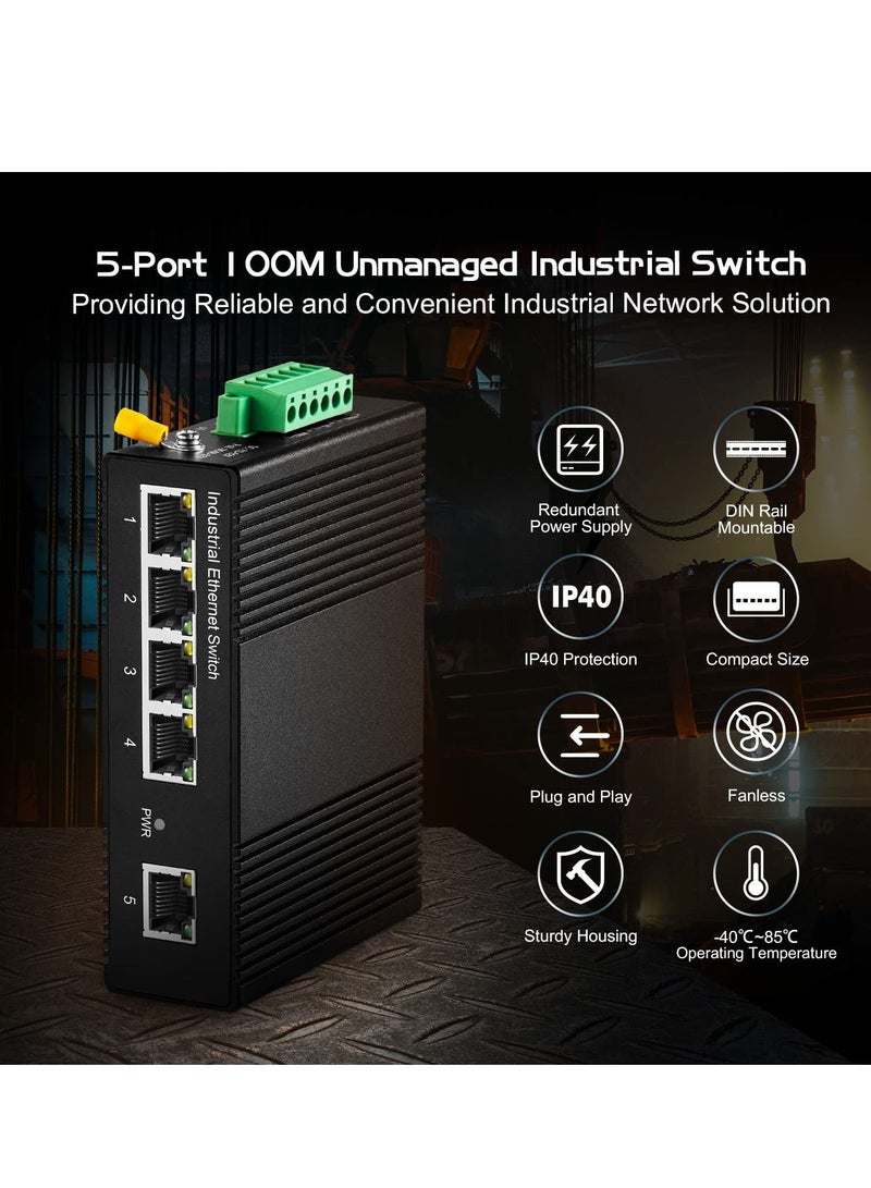 Beauenty 5 Port Gigabit Din Rail Industrial Ethernet Switch, Mini Industrial 5 Ports Gigabit Switch, Hardened 5 Port RJ45 10/100/1000Mbps Ethernet Switch, Fanless Wall Mount - Image 2