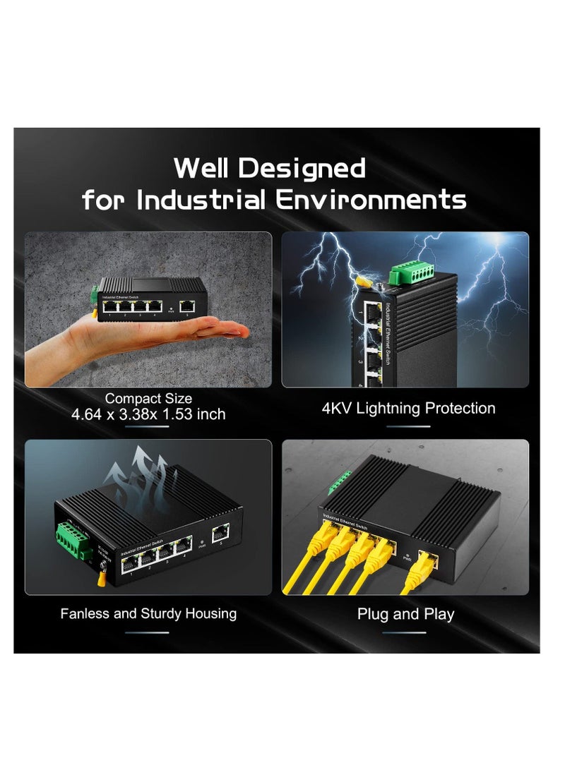 Beauenty 5 Port Gigabit Din Rail Industrial Ethernet Switch, Mini Industrial 5 Ports Gigabit Switch, Hardened 5 Port RJ45 10/100/1000Mbps Ethernet Switch, Fanless Wall Mount - Image 5