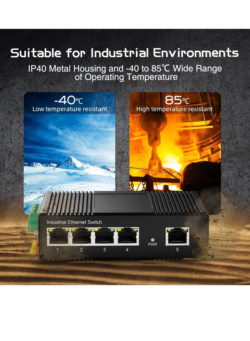 Beauenty 5 Port Gigabit Din Rail Industrial Ethernet Switch, Mini Industrial 5 Ports Gigabit Switch, Hardened 5 Port RJ45 10/100/1000Mbps Ethernet Switch, Fanless Wall Mount - Image 3