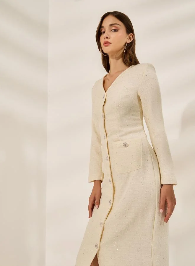 Styli Embellished Tweed Midi Bodycon Dress