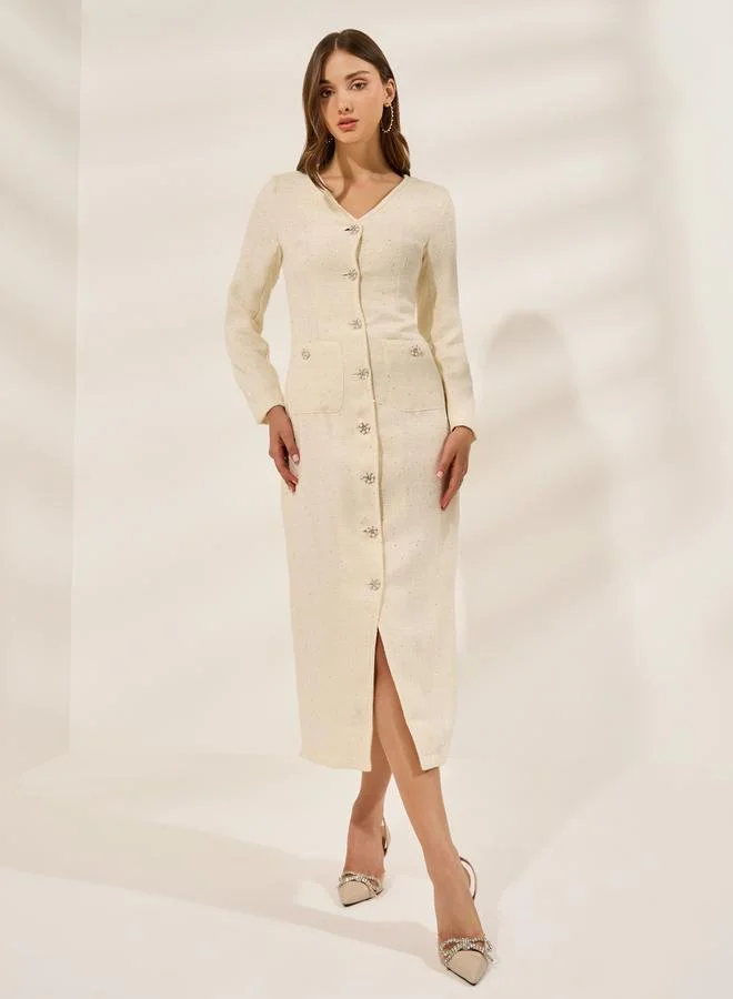 Styli Embellished Tweed Midi Bodycon Dress