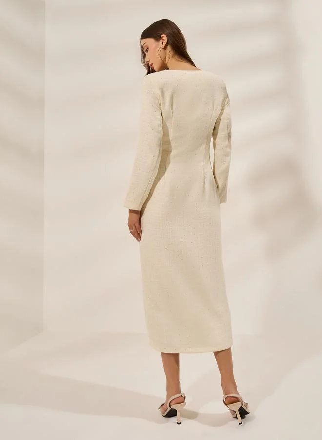 Styli Embellished Tweed Midi Bodycon Dress