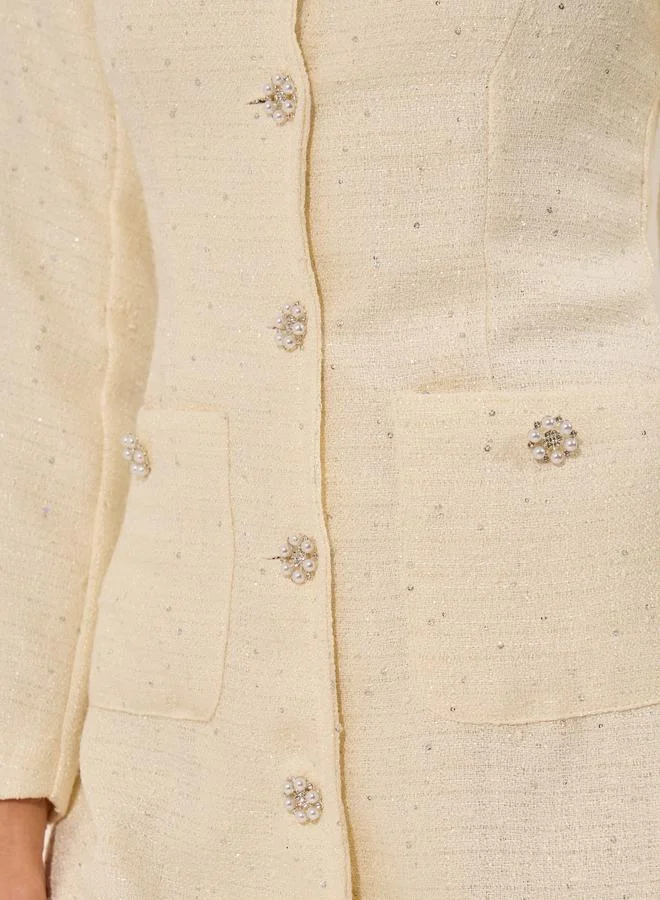 Styli Embellished Tweed Midi Bodycon Dress