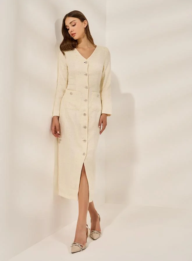 Styli Embellished Tweed Midi Bodycon Dress