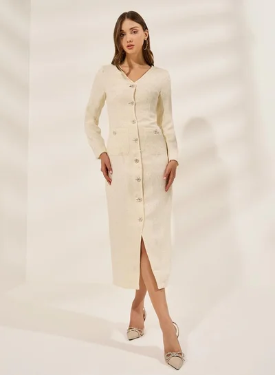 Styli Embellished Tweed Midi Bodycon Dress