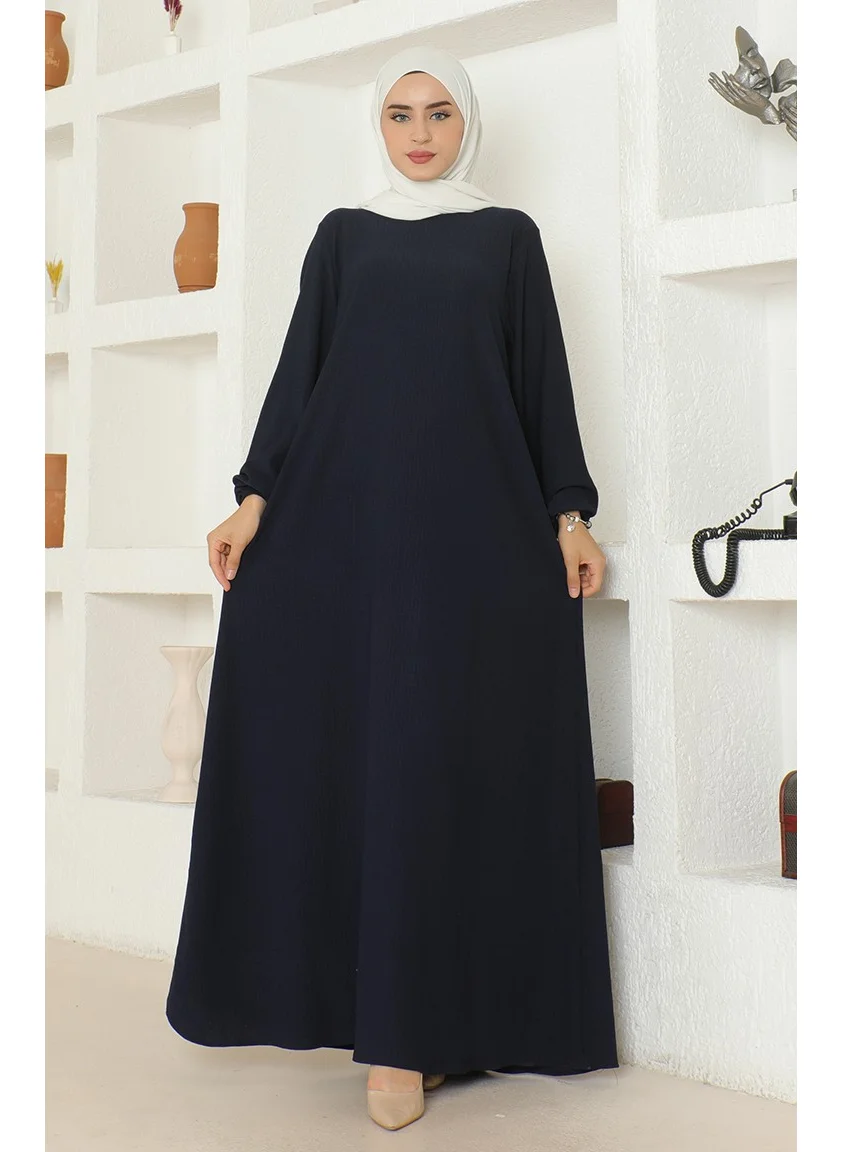 Sefa Merve Bürümcük Fabric Elastic Sleeve Mevlana Dress 1025-02 Navy Blue