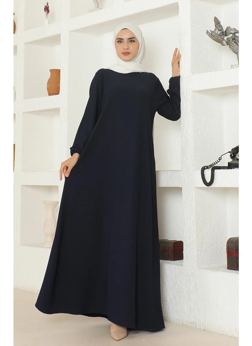 Sefa Merve Bürümcük Fabric Elastic Sleeve Mevlana Dress 1025-02 Navy Blue