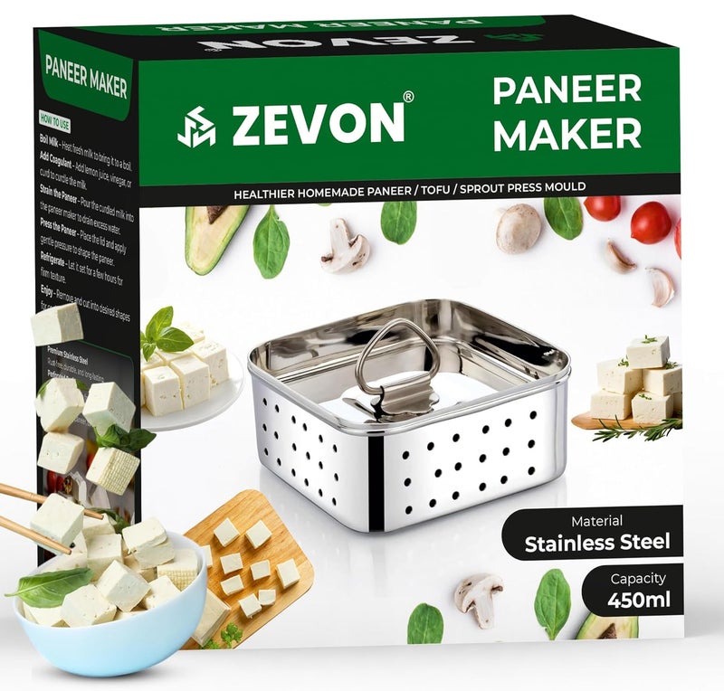 ZEVON ® Paneer Maker Steel - Paneer Maker Mould Press with Square Strainer | Stainless Steel Paneer and Tofu Making Machine | Fresh Paneer/Tofu/Sprout Press Mould for Kitchen Use (Square, 450ml) - Image 1