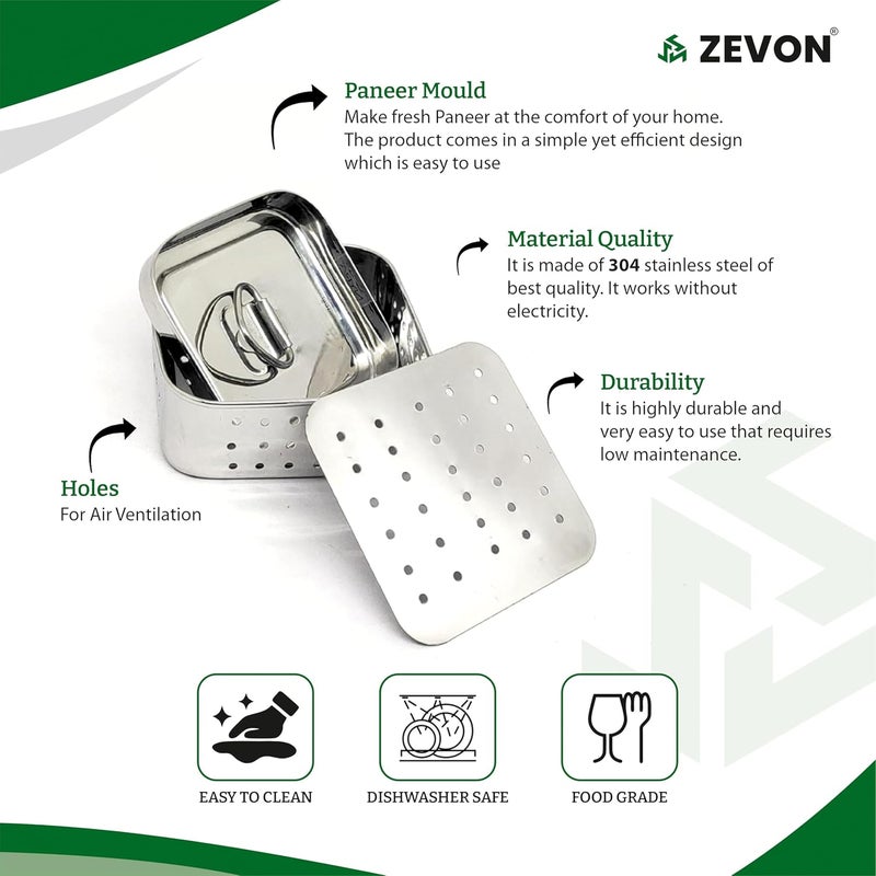 ZEVON ® Paneer Maker Steel - Paneer Maker Mould Press with Square Strainer | Stainless Steel Paneer and Tofu Making Machine | Fresh Paneer/Tofu/Sprout Press Mould for Kitchen Use (Square, 450ml) - Image 2