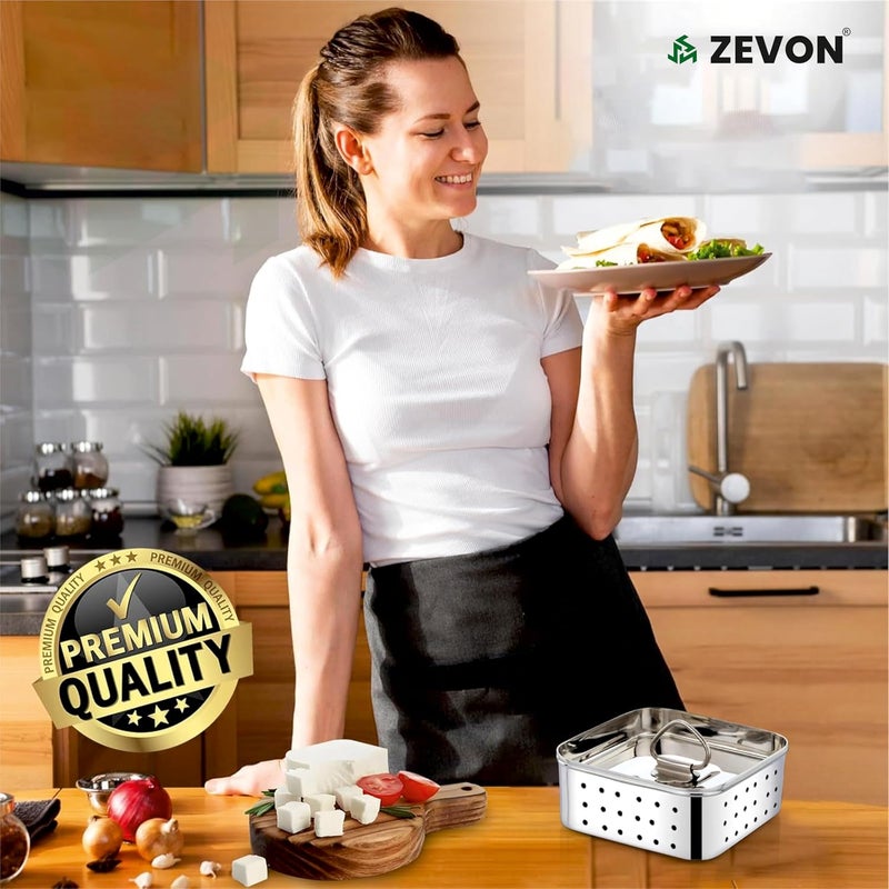 ZEVON ® Paneer Maker Steel - Paneer Maker Mould Press with Square Strainer | Stainless Steel Paneer and Tofu Making Machine | Fresh Paneer/Tofu/Sprout Press Mould for Kitchen Use (Square, 450ml) - Image 4