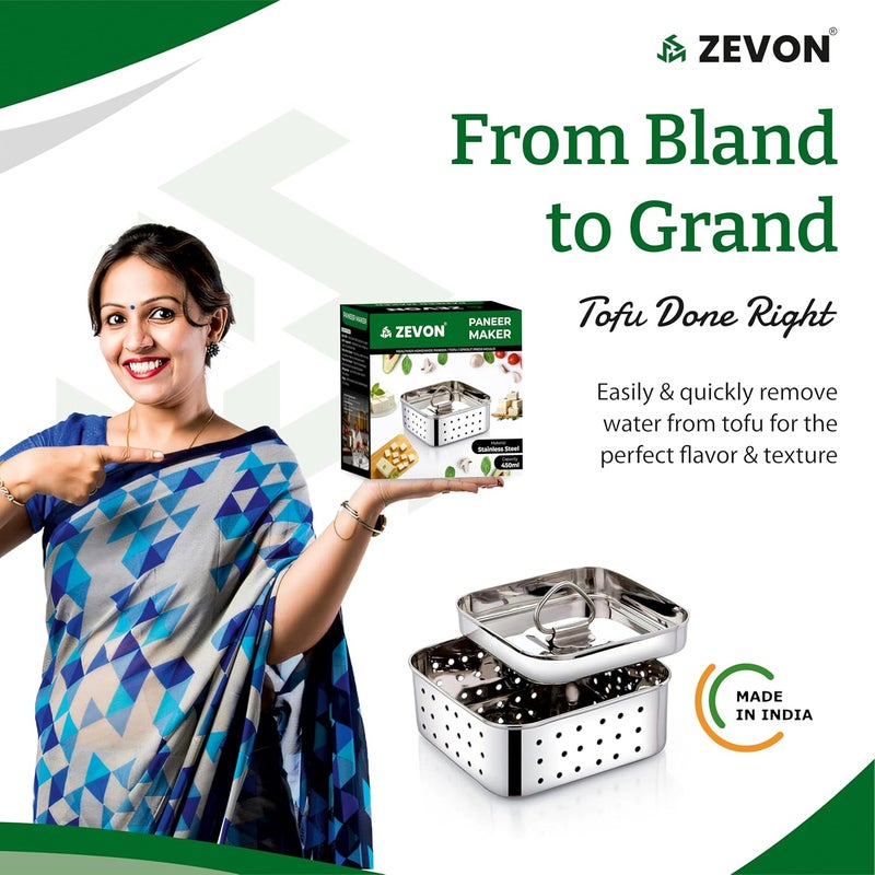 ZEVON ® Paneer Maker Steel - Paneer Maker Mould Press with Square Strainer | Stainless Steel Paneer and Tofu Making Machine | Fresh Paneer/Tofu/Sprout Press Mould for Kitchen Use (Square, 450ml) - Image 3
