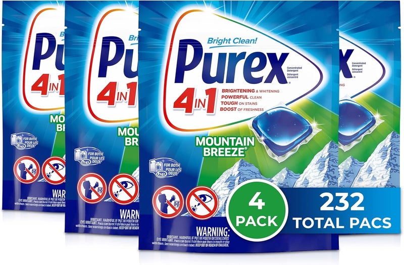 Purex 4-in-1 Laundry Detergent Pacs, Mountain Breeze, 58Count, Pack Of 4, 232 Total Loads - Image 1