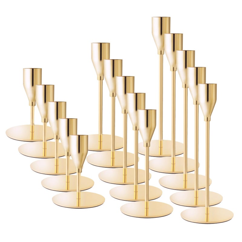 ECHFSM French Gold Taper Candle Holders for Wedding Table Centerpiece,Tall Taper Candlestick Holders Bulk Set of 15,Metal Candle Stick Holders for Dinning or Mantel Centerpiece,Party Home Decor - Image 1