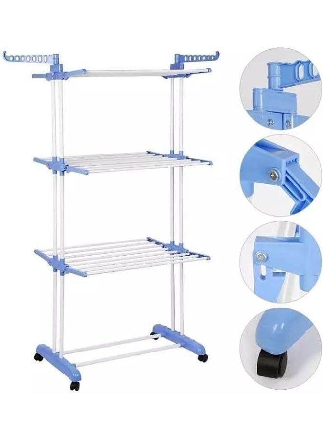 منشر غسيل 3 دور بعجلات – حامل ملابس ضد الصدأ مزود بشماعات جانبية لتجفيف كميات كبيرة بسهولة متعددة الاستخدام AR - Image 3