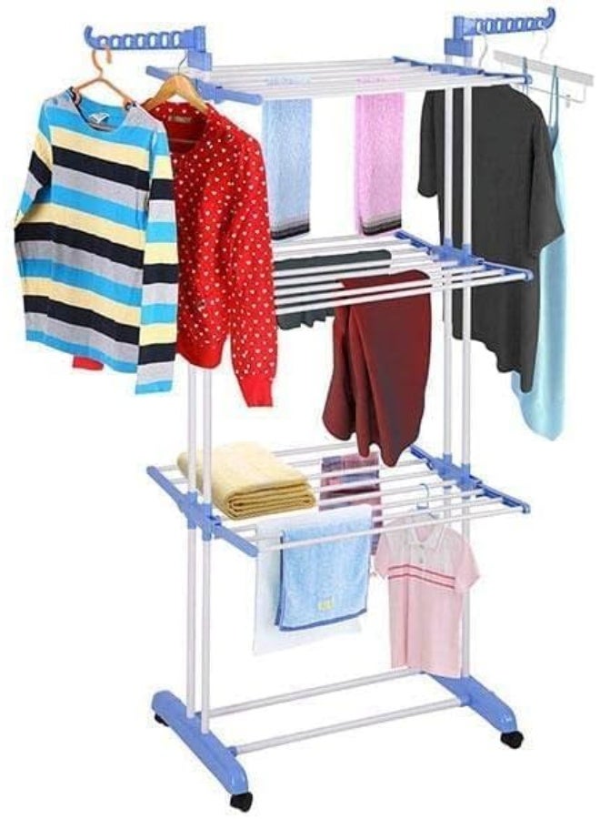 منشر غسيل 3 دور بعجلات – حامل ملابس ضد الصدأ مزود بشماعات جانبية لتجفيف كميات كبيرة بسهولة متعددة الاستخدام AR - Image 2