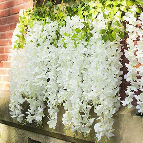 Tia Crafts Polyester Artificial Hanging Flowers For Ceiling Balcony | White Wisteria Vine | Home Party Decor Garden Outdoor Greenery Wall Decoration | Waterproof Washable 3.7Ft/Pack Of 12 (White, 12) - Image 3