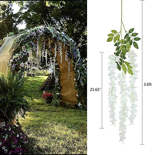Tia Crafts Polyester Artificial Hanging Flowers For Ceiling Balcony | White Wisteria Vine | Home Party Decor Garden Outdoor Greenery Wall Decoration | Waterproof Washable 3.7Ft/Pack Of 12 (White, 12) - Image 4