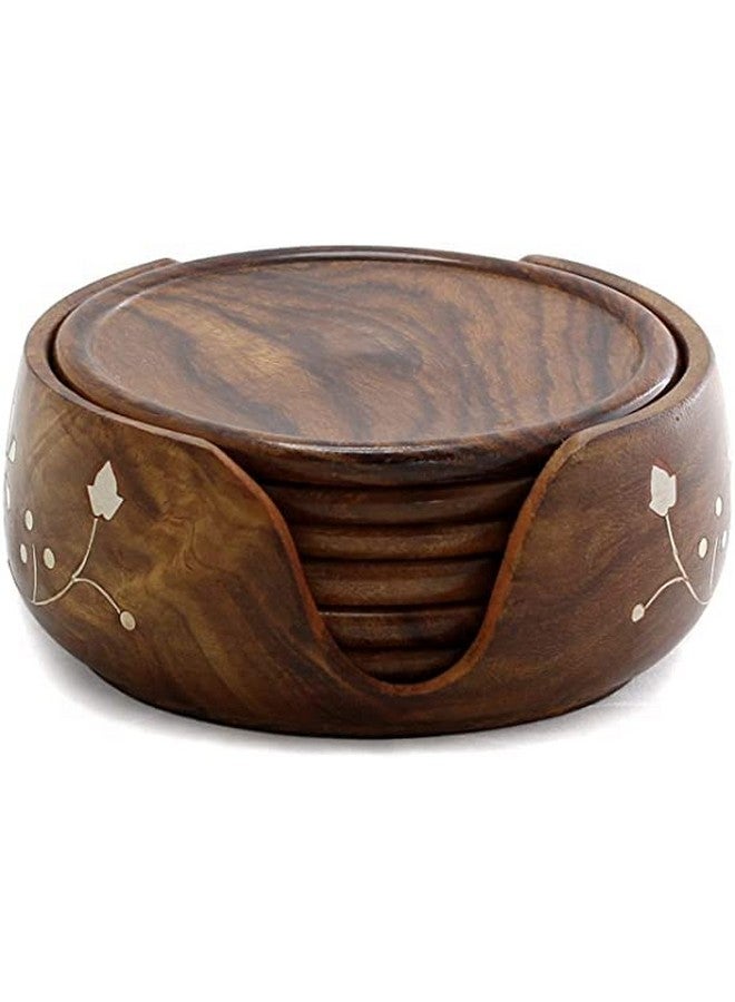 Sk Handicrafts sk handicrafts Wooden Round Drink Coasters Set Of 6 With Decorative Holder | Tabletop Coasters For Tea Coffee Cups. (Brown) 3.5 Inch (Lotus)  - Image 1