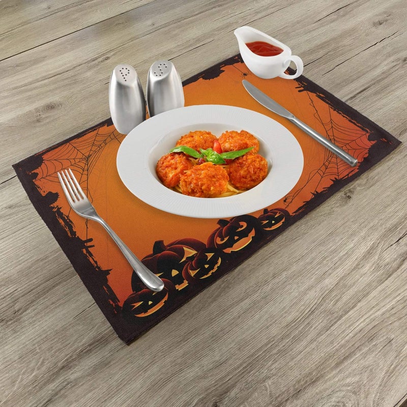 Ambesonne Halloween Place Mats Set of 4 Grunge Spider Web Jack O Lanterns Horror Time of Year Trick Or Treat Print Washable Fabric Placemats for Dining Table Standard Size Seal Brown - Image 2