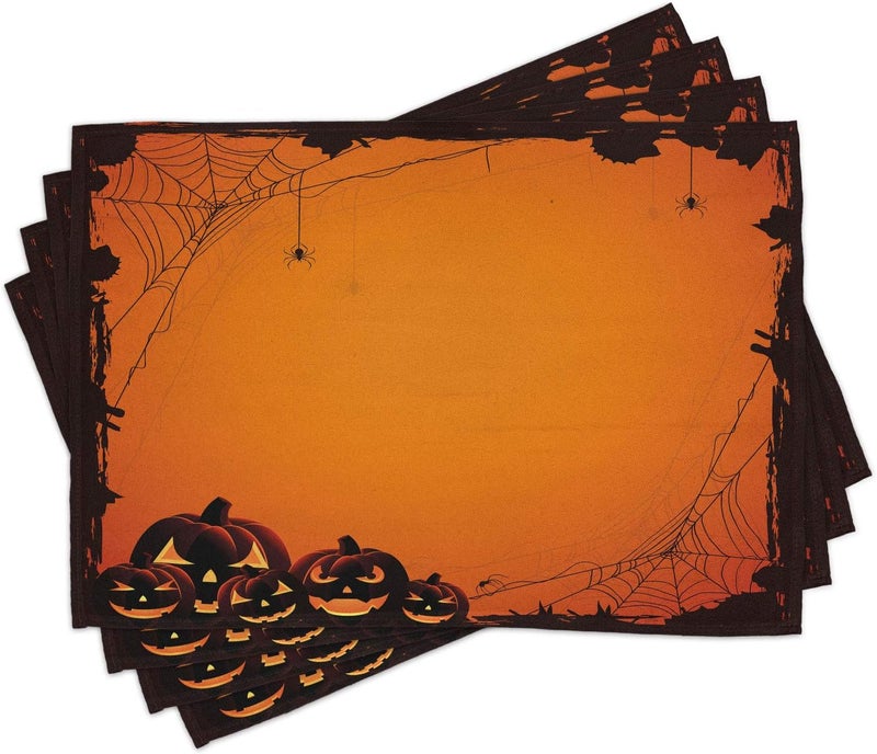 Ambesonne Halloween Place Mats Set of 4 Grunge Spider Web Jack O Lanterns Horror Time of Year Trick Or Treat Print Washable Fabric Placemats for Dining Table Standard Size Seal Brown - Image 1