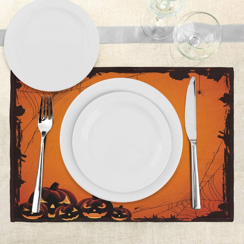 Ambesonne Halloween Place Mats Set of 4 Grunge Spider Web Jack O Lanterns Horror Time of Year Trick Or Treat Print Washable Fabric Placemats for Dining Table Standard Size Seal Brown - Image 3