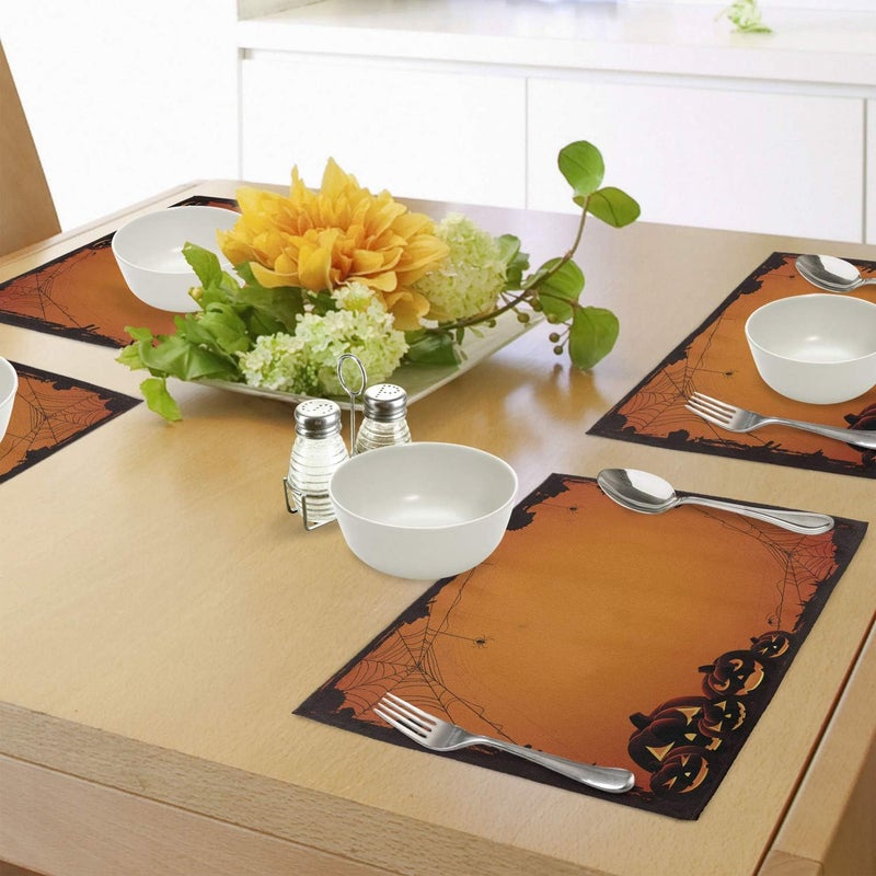 Ambesonne Halloween Place Mats Set of 4 Grunge Spider Web Jack O Lanterns Horror Time of Year Trick Or Treat Print Washable Fabric Placemats for Dining Table Standard Size Seal Brown - Image 4