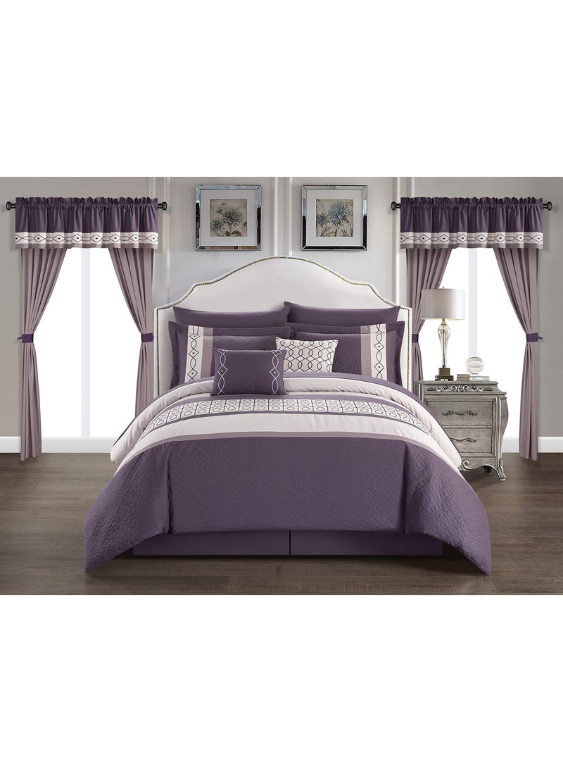 Chic Home Chic Home Katrin 20 Piece Comforter Color Block Geometric Embroidered Bag BeddingSheet Set Pillowcases Window Treatments Decorative Pillows Shams Included King Plum 