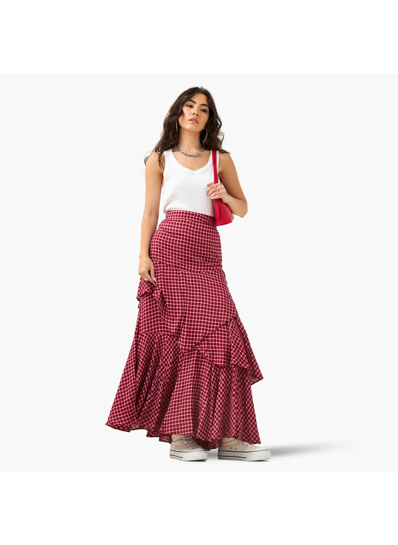 لي كوبر Lee Cooper Checked Layered Maxi Skirt with Semi-Elasticated Waist